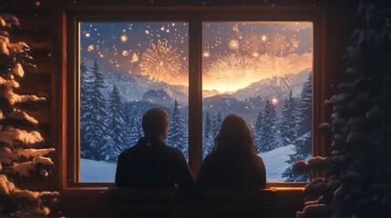 Poster - Couple Silhouetted Against a Window View of Fireworks Over a Snowy Mountain Landscape