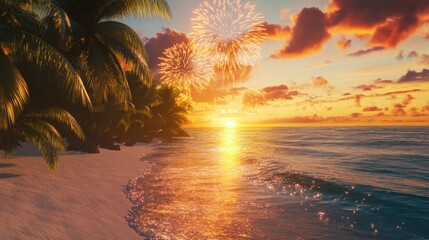 Wall Mural - Fireworks Display Over Tropical Beach at Sunset