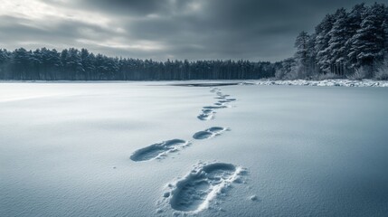 Sticker - Footprints leading across a frozen lake in a snowy landscape