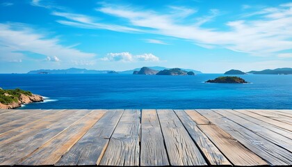 Tranquil wooden deck viewpoint showcasing a serene sea and distant scenic island beneath a bright blue sky