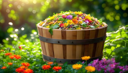 Canvas Print - Vibrant compost-filled wooden bucket amidst lush garden foliage and blooming flowers