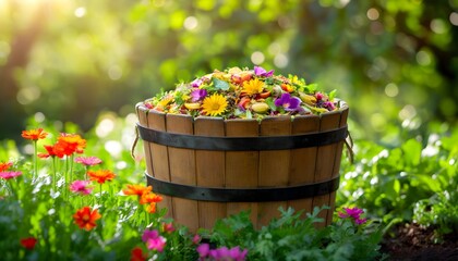 Canvas Print - Vibrant compost-filled wooden bucket amidst lush garden foliage and blooming flowers