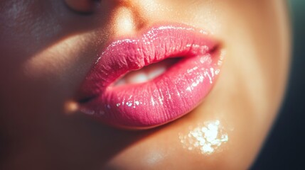 Canvas Print - Close-up of Shiny Pink Lips with Glittery Skin