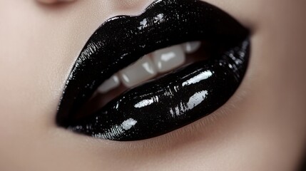 Canvas Print - Close-up of Glossy Black Lips with White Teeth