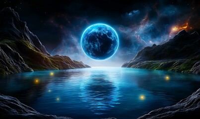Wall Mural - a mesmerizing scene of a glowing blue moon reflected in calm waters, surrounded by mystical hills an