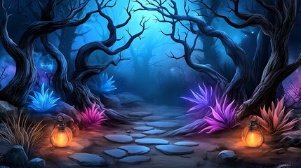 Wall Mural - explore a mystical forest scene illuminated by brightly lit lanterns. the eerie ambiance creates a m