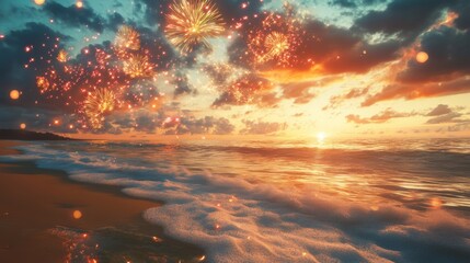 Wall Mural - Fireworks Display Over a Sunset Beach