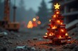 © Ksu - Christmas tree made of red bricks against the background of a blurred construction site and a house. Christmas card, copy space