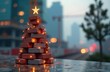 © Ksu - Christmas tree made of bricks against the background of a blurred construction site and a house, copy space