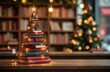 © Ksu - Christmas tree made of books, decorated with garland with lights in a bookstore or library, copy space