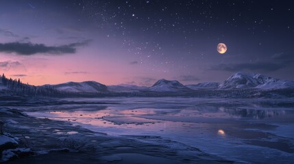 Poster - A Frozen Lake Reflecting the Stars and Moon in a Mountainous Landscape