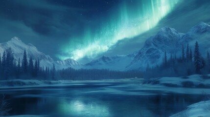 Poster - Northern Lights Reflecting on a Frozen Lake in a Snowy Mountain Range