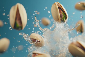 Realistic pistachio nuts exploding in motion, creating a dynamic splash effect ideal for a snack package or advertising poster. The bright lighting enhances the vibrant colors of the pistachios