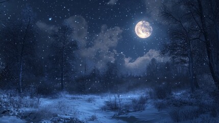 Poster - Snowy Forest Under a Full Moon and Starry Sky