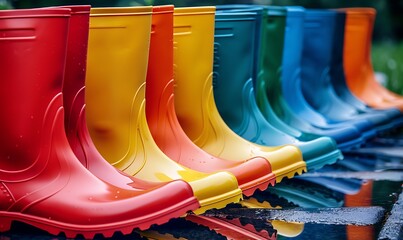 Colorful rubber boots in a row in the rain. Close up.