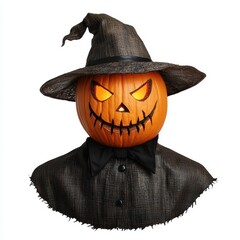 A pumpkin decorated with a creepy scarecrow face, glowing eyes and jagged mouth, Halloween theme, isolated on white background