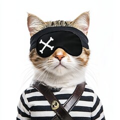 a cat in a pirate costume, halloween pet outfit, black eye patch and striped shirt, mischievous look
