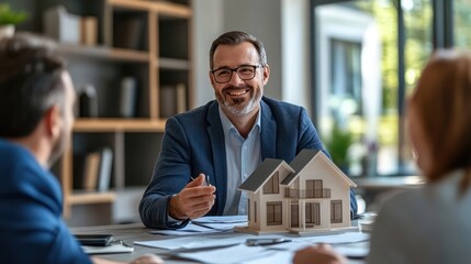 a smiling real estate agent sits at a table with two clients, presenting a house model and documents