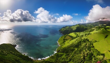 Lush green hills blending into deep blue ocean waves under a clear sky. Generative AI