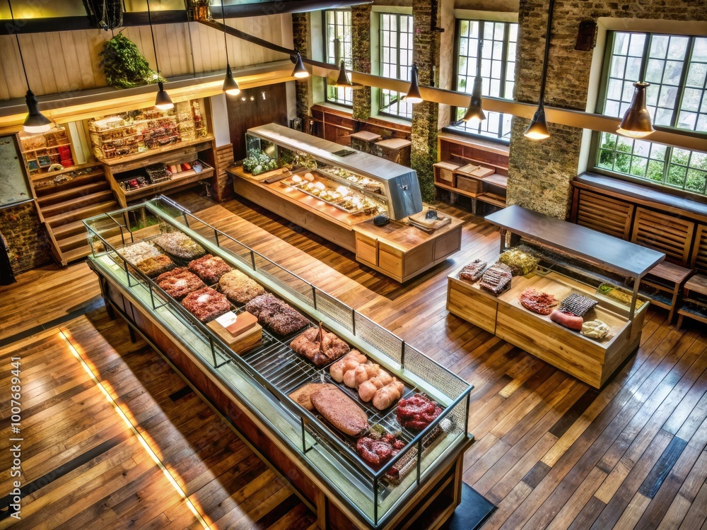Rustic Vintage Butcher Shop Interior with Wooden Counters and Classic ...