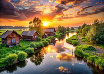 Wall Mural - Serene Sunset Over Wooden Houses by a Tranquil Lowland River Surrounded by Lush Greenery