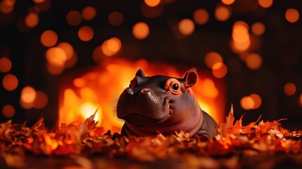 Wall Mural - Adorable hippo surrounded by autumn leaves and warm bokeh lights.