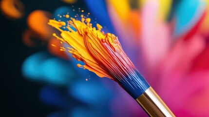 Canvas Print - Colorful paintbrush creating vibrant splashes of paint against a blurred background.