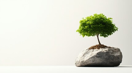 Green tree growing on a rock, minimalist style, white isolated background.