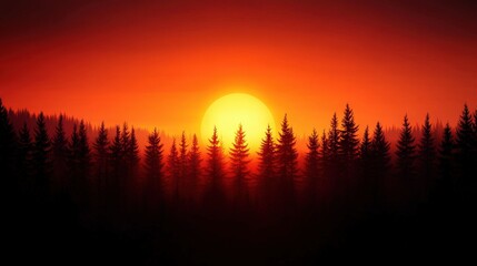 Wall Mural - Majestic sunset over a pine forest silhouette in vibrant orange hues.