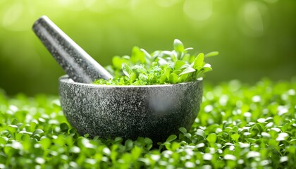 Wall Mural - Traditional herbal remedies in action with a mortar and pestle grinding fresh herbs close-up