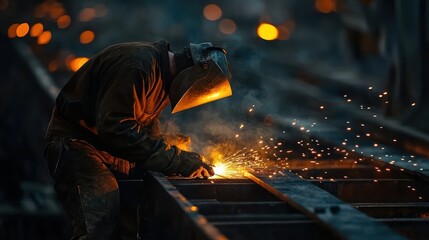 A welder works on a metal structure, sparks flying from his welding torch.