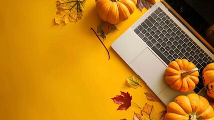 Laptop and pumpkins on a yellow background top view, Happy Halloween