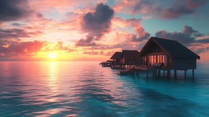 Wall Mural - A serene sunset over water bungalows, reflecting vibrant colors on calm waves, creating a tranquil and picturesque tropical scene.