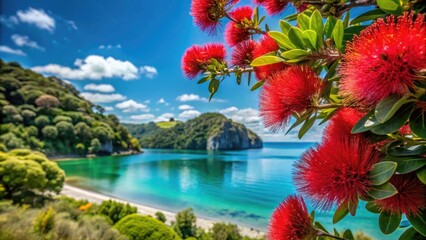 Vibrant Pohutukawa Blooms Over Calm Blue Waters Reflecting New Zealand's Coastal Beauty in Summer