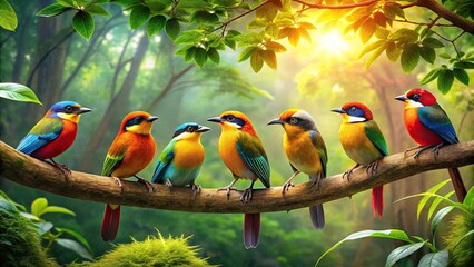 Wall Mural - Vibrant Songbirds Perched on Branches in a Lush Green Forest Captivating Nature's Beauty