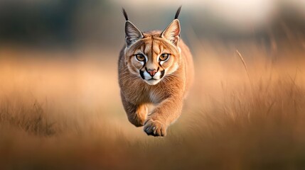  Caracal running swiftly in tall grass, focused and alert.