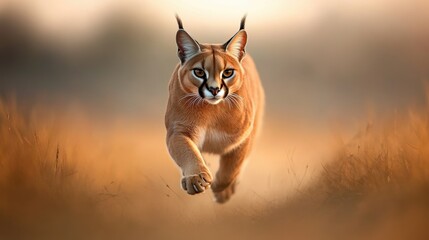  Caracal running in a golden field, captured in motion with blurred background.
