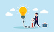 © B Design - A businessman pumps up a light bulb, illustrating a trigger for brainstorming innovation and new ideas