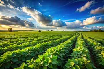 Rustic rural landscape featuring a vast field of lush green soybean plants swaying gently in the breeze under a clear blue summer sky.