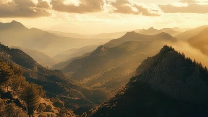 Wall Mural - the mountain peaks and valley glow in warm sunlight. lush vegetation covering slopes. sun setting ca