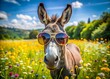 © Danicha - A cool donkey wears trendy sunglasses, standing in a sunny meadow with a vibrant wildflower background, exuding a