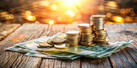 A crisp, fresh bundle of euro banknotes lies next to a handful of shiny coins on a wooden