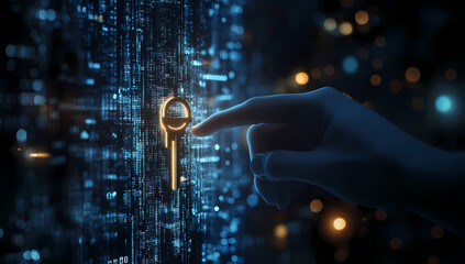 Hand holding key to AI computer amidst digital data and code