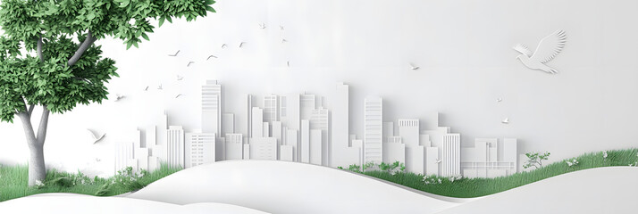 Wall Mural - The person who knows. Tree, Achieve sustainable growth, World Environment Day. White eco urban city and nature landscape background paper art style.