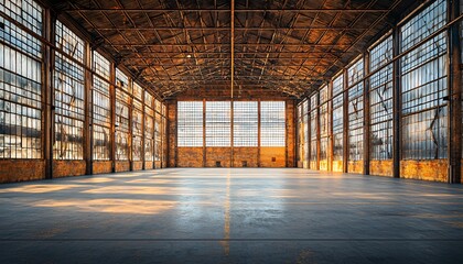 Rustic Industrial Warehouse Interior with Exposed Beams and Large Windows in Medium Shot