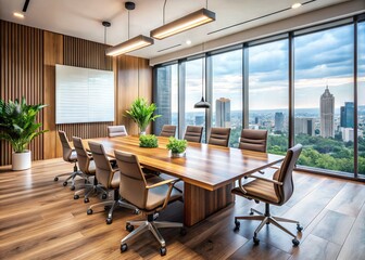 A modern office meeting room with a large wooden table, ergonomic chairs, and a sleek whiteboard, flooded with