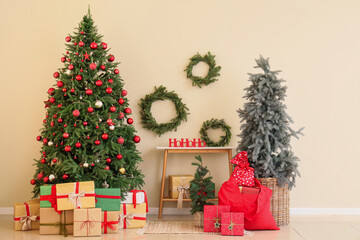 Sticker - Interior of light room with Santa bag, presents and Christmas trees