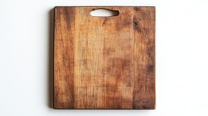 A rustic wooden cutting board with a handle, isolated on a white background.