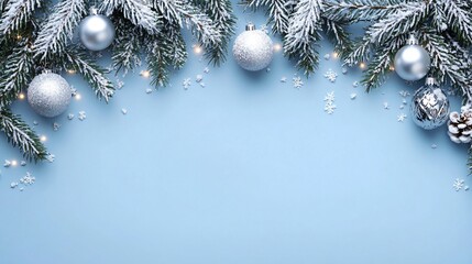 Sticker - Snowy pine branches with silver baubles, snowflakes and lights on a blue background.