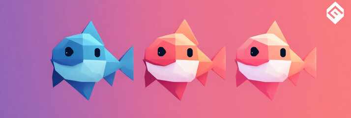 Canvas Print - Three cartoon fish in a low-poly style.